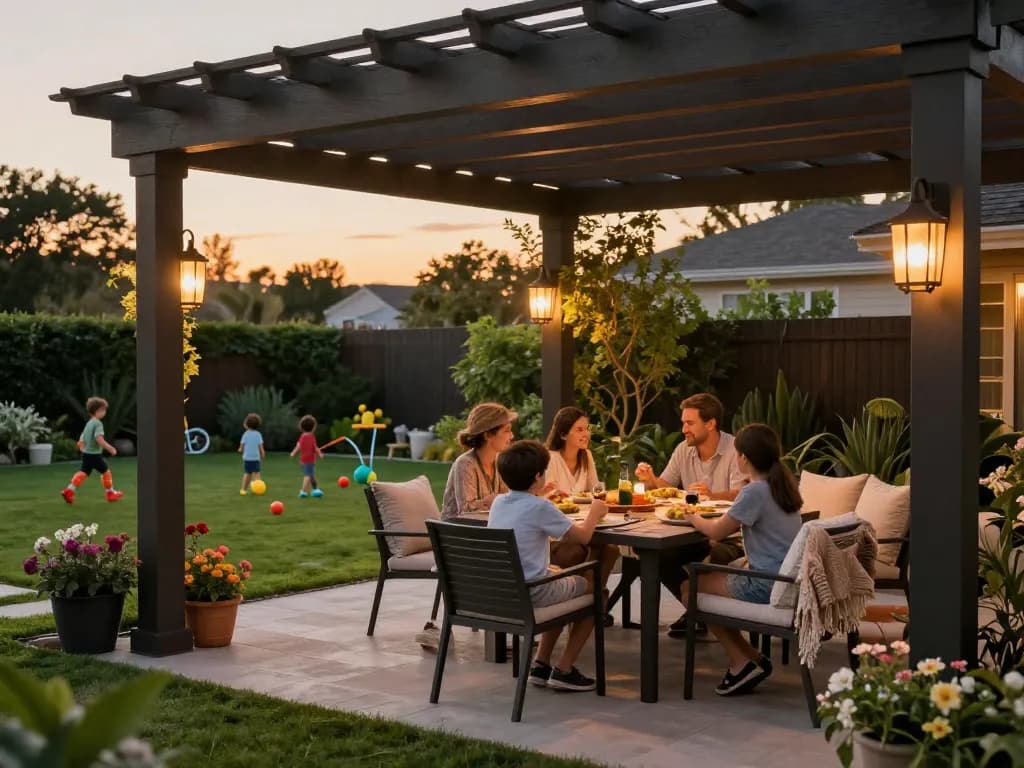 Pergola configurator showcasing a family enjoying an outdoor meal under a stylish pergola in a vibrant garden setting.