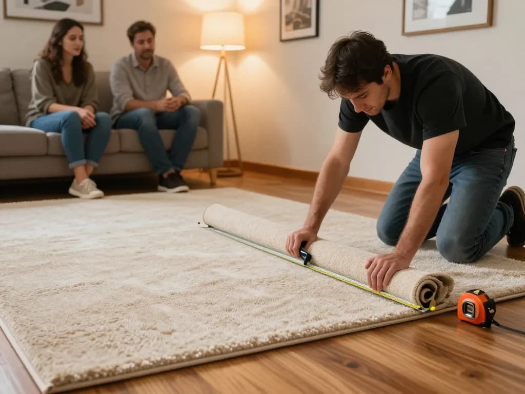Residential carpet installation in a cozy living room with a professional installer and homeowners.