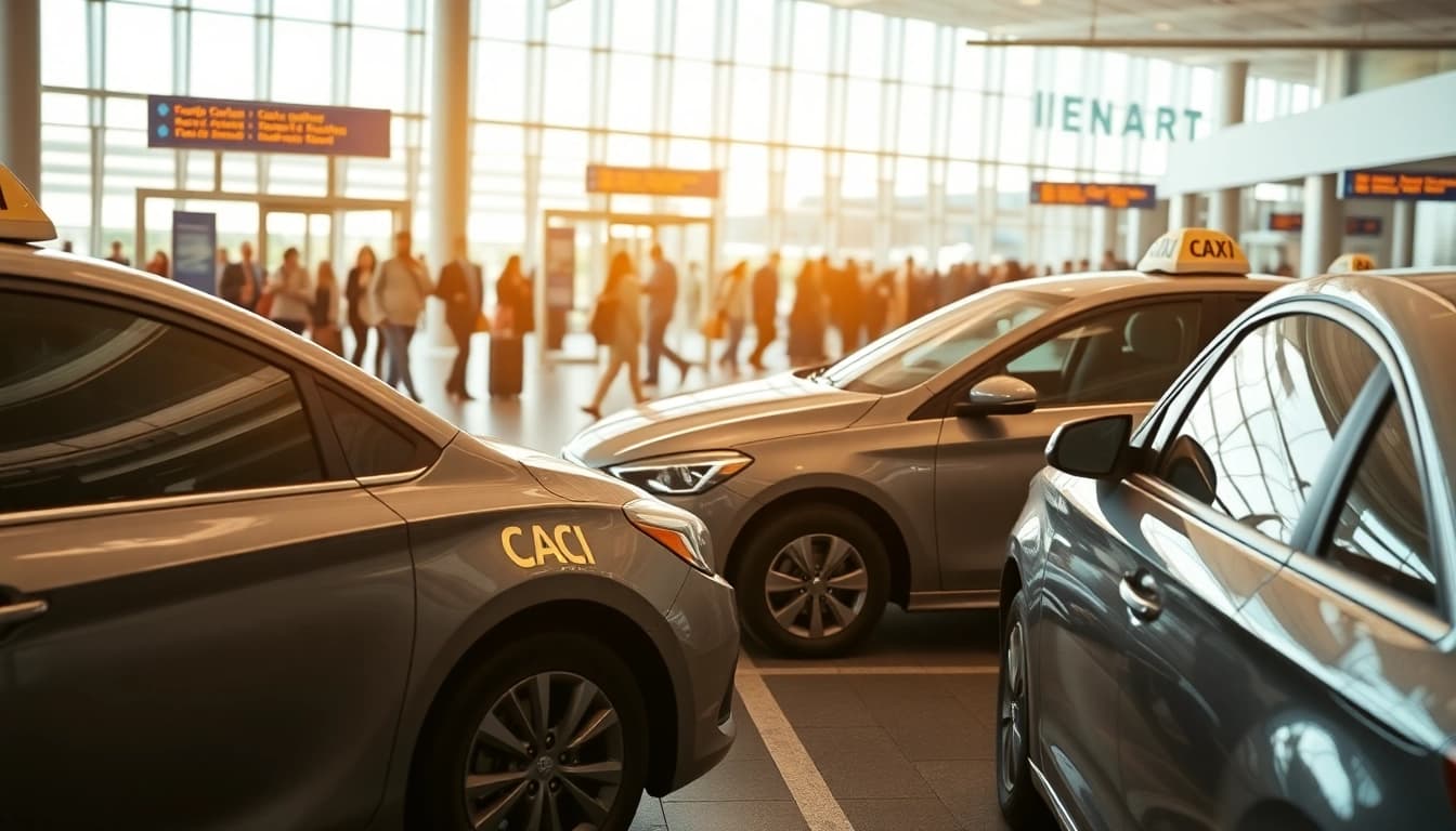 Cabs waiting for passengers at a busy airport terminal, showcasing vibrant activity.
