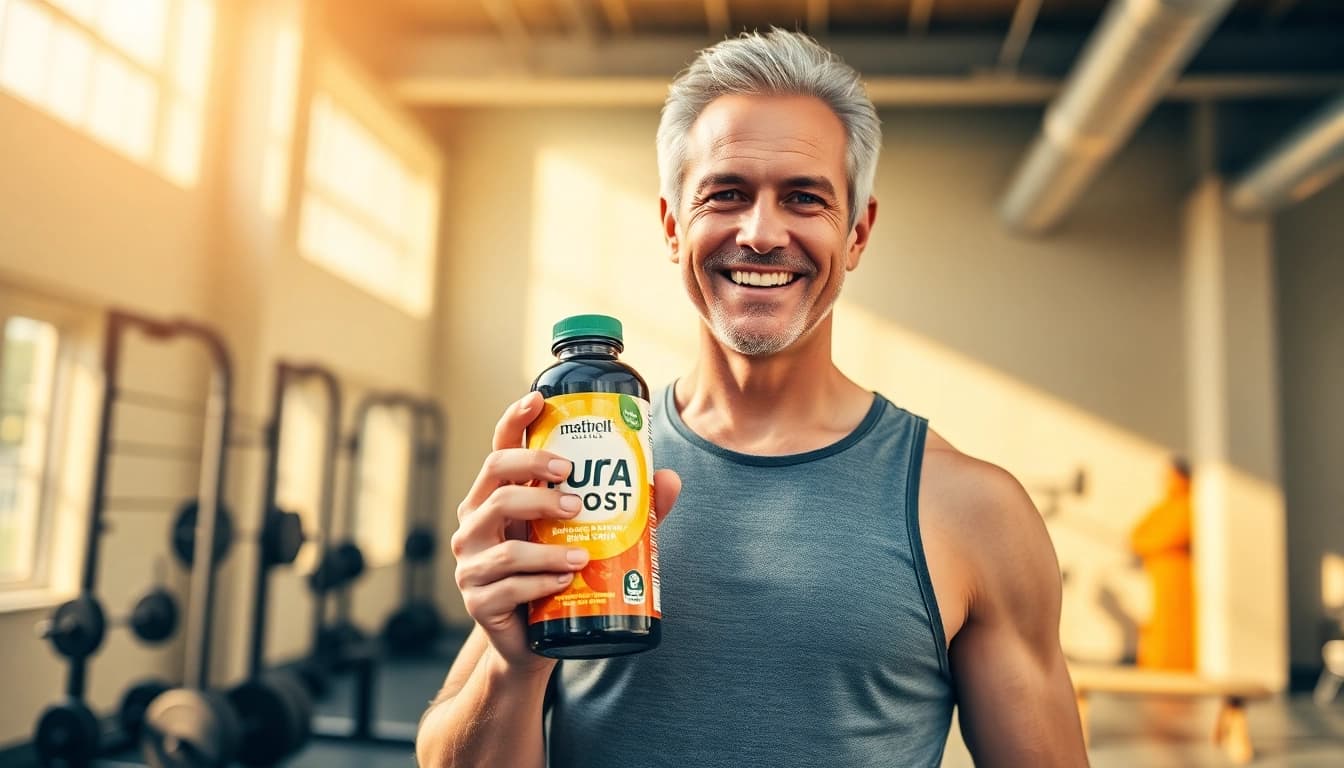Pura Boost empowers men to enhance vitality and performance naturally, showcasing a vibrant bottle in a fitness environment.