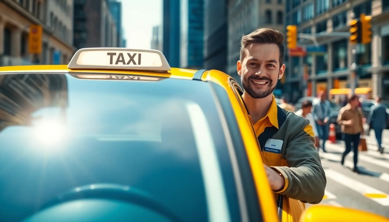 Taxi with a friendly driver ready for service against a vibrant city backdrop