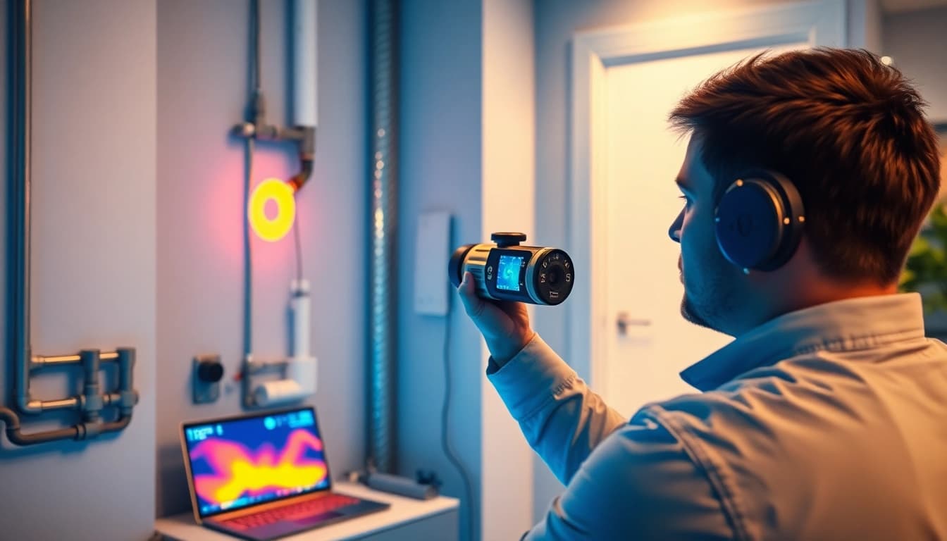 Leak detection technician using thermal imaging to find hidden water leaks in a home.