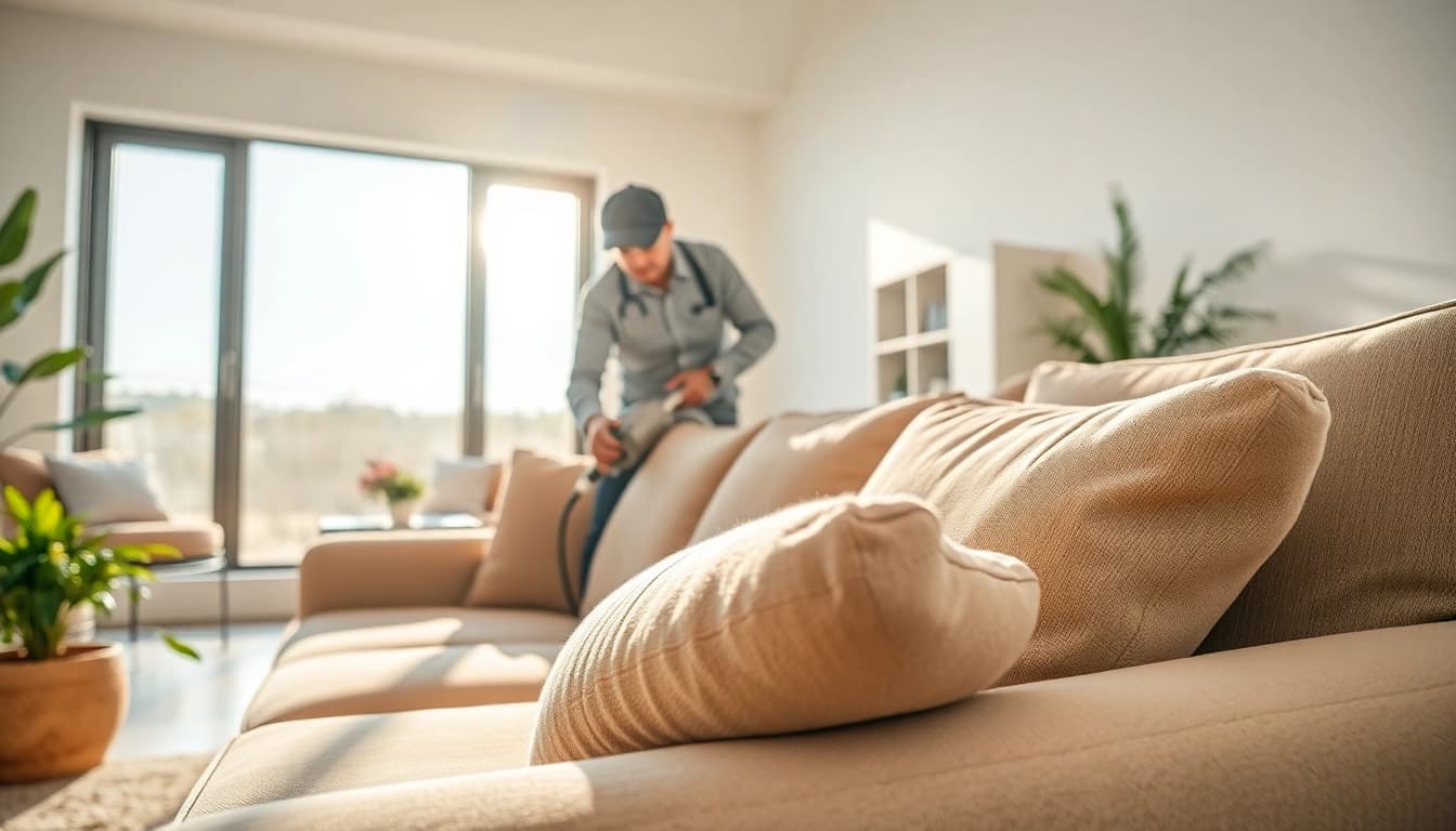 Couch cleaning in Glasgow by a professional service in a bright living room.