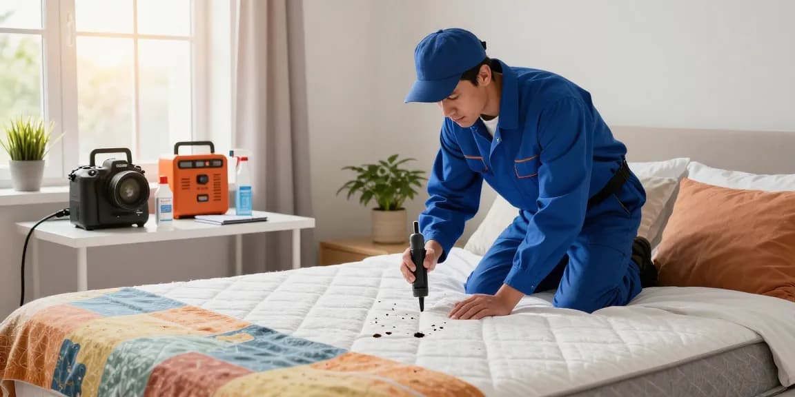 Expert inspecting bed for bed bug heat treatment in a bright bedroom