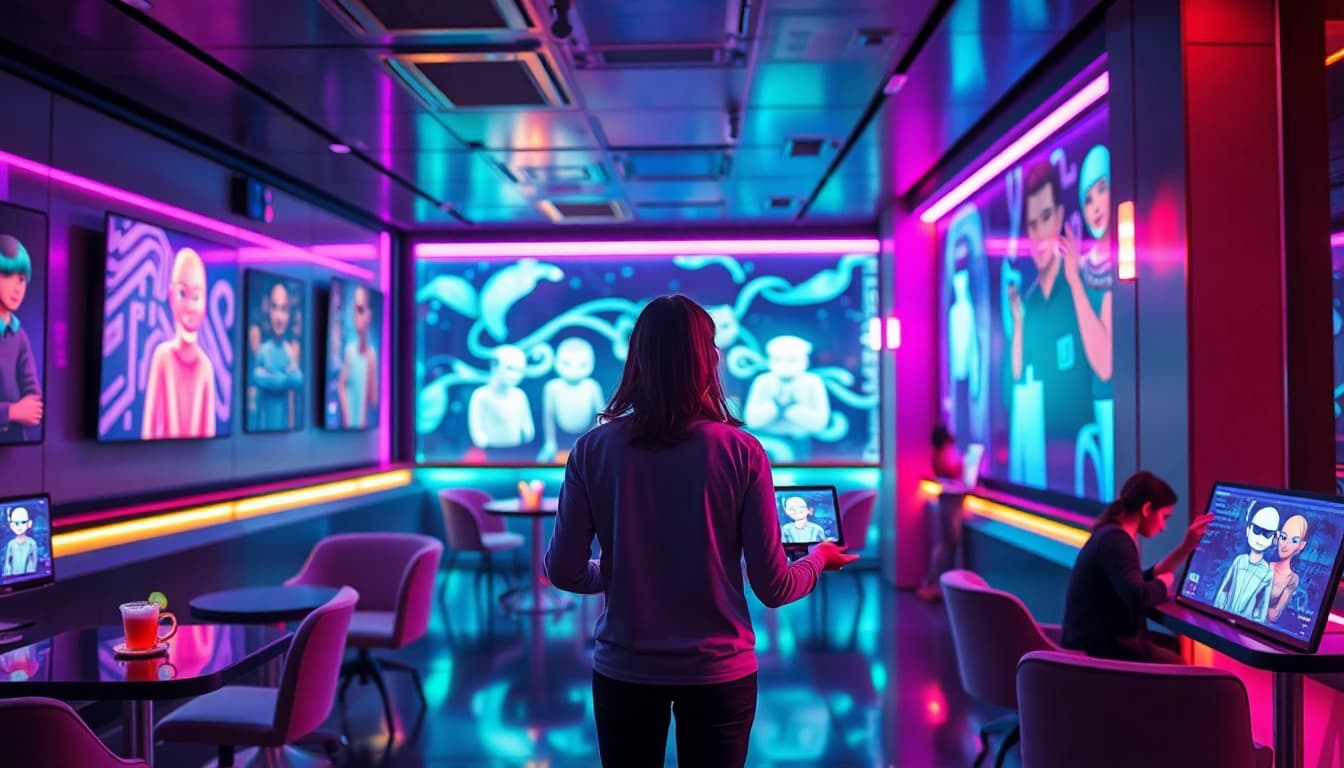 Engaging scene of interactive AI characters in a futuristic digital café, reflecting spicy ai technology.