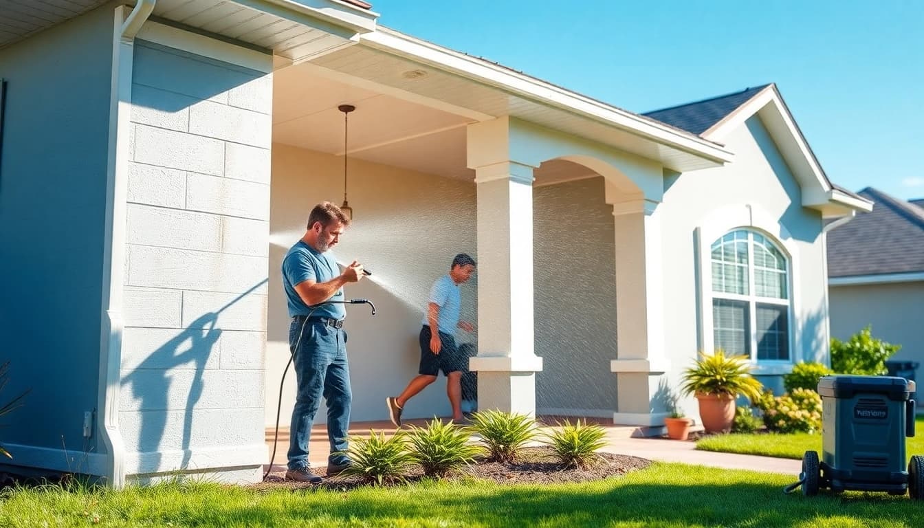 Soft wash technician cleaning a residential home in Kissimmee, showcasing professional exterior cleaning services.