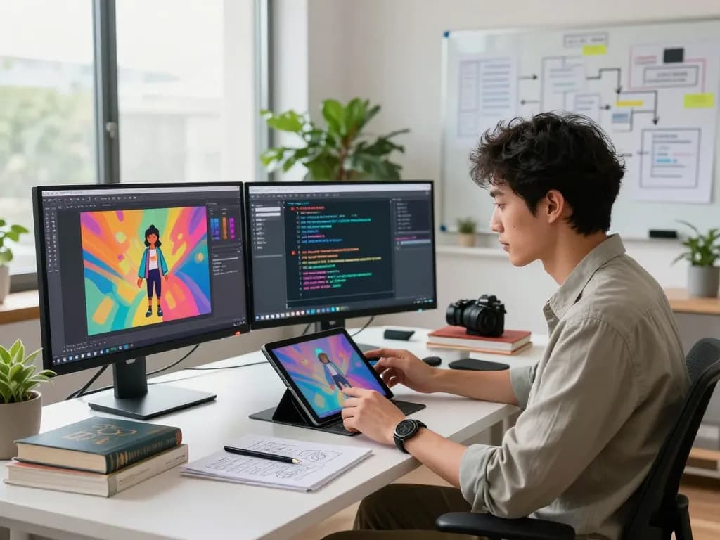 Convert images to prompts in a modern creative workspace with vibrant AI designs and natural light.