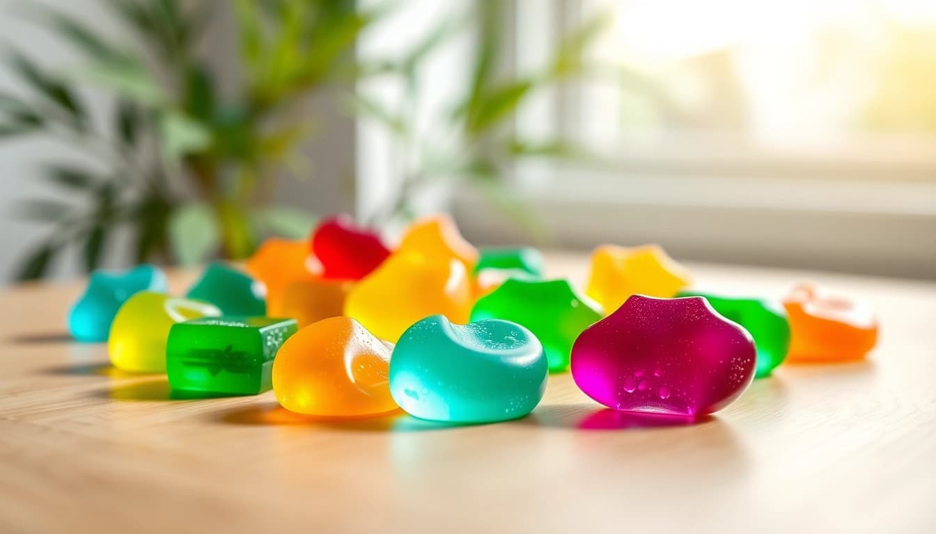 Enjoying cannadelic microdose gummies with vibrant colors and natural elements in a relaxed setting.
