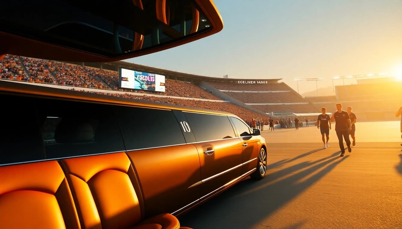 World Cup Group Transportation in a luxury limousine outside a LA stadium with fans ready for the match.