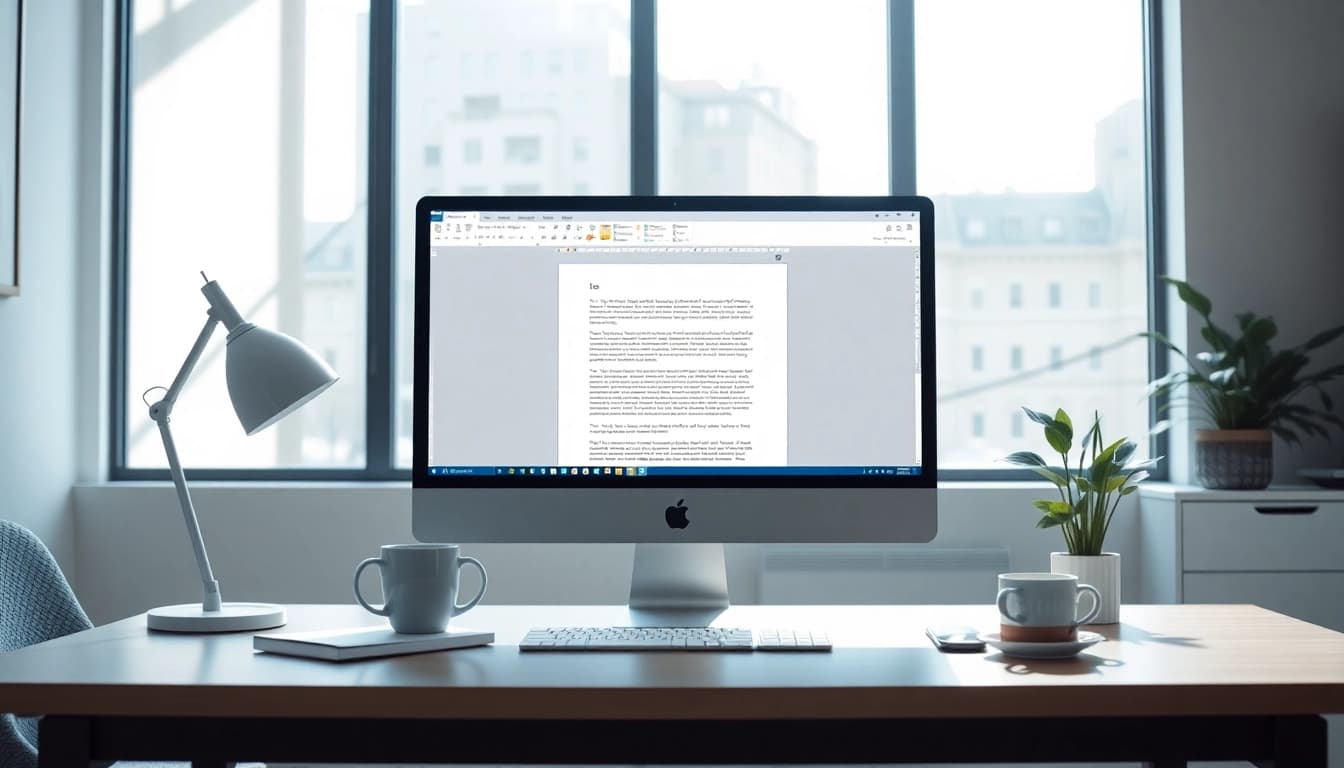 在现代、专业的工作空间中，电脑屏幕显示 WPS Office，氛围友好。