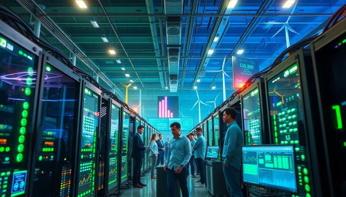 Free cloud mining facility showcasing renewable energy sources and real-time earnings in a professional environment.