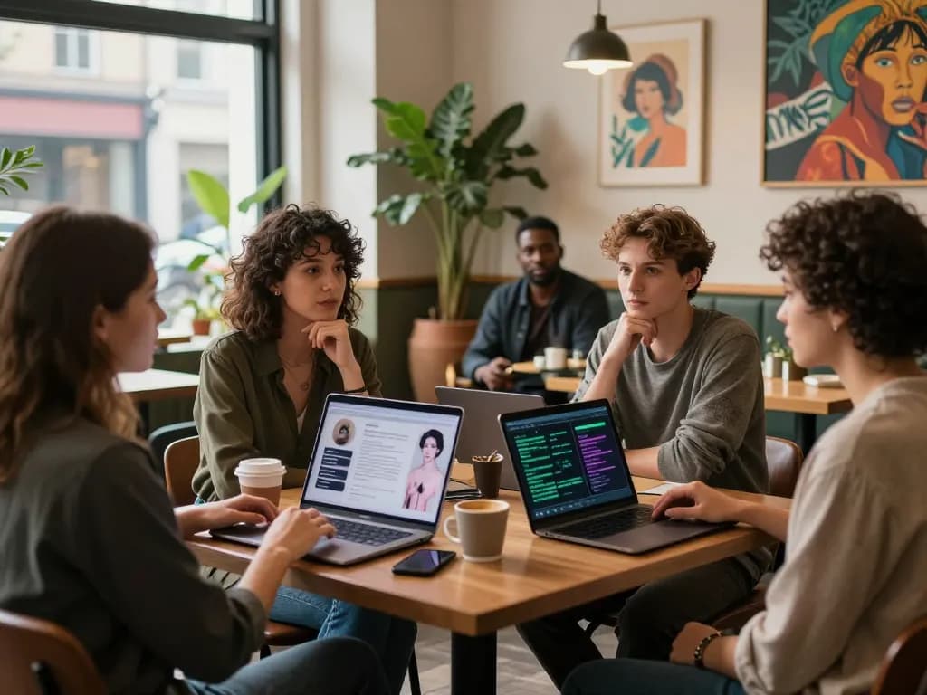 Group discussion on sex AI implications in a vibrant café setting, showcasing diversity and modern technology.