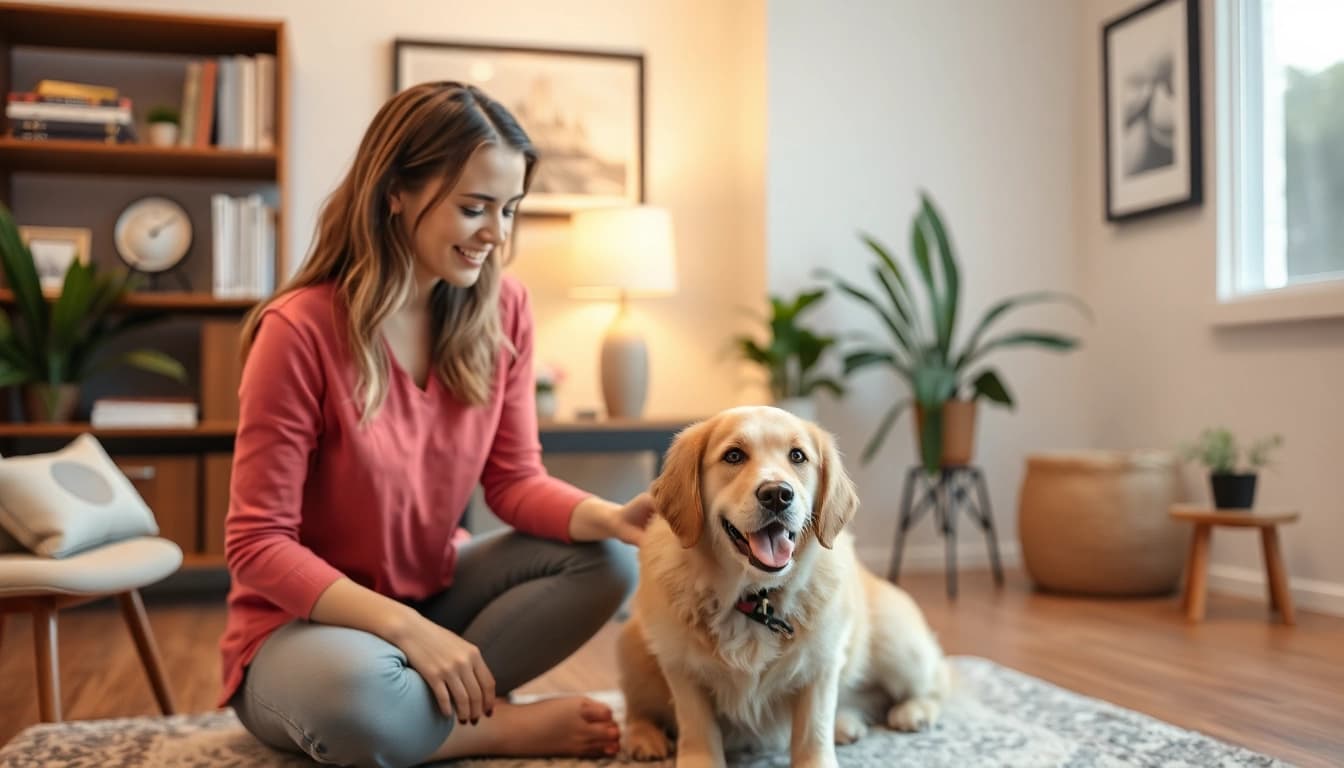 Engaged Sydney Psychologist with therapy dog creating a supportive therapy environment