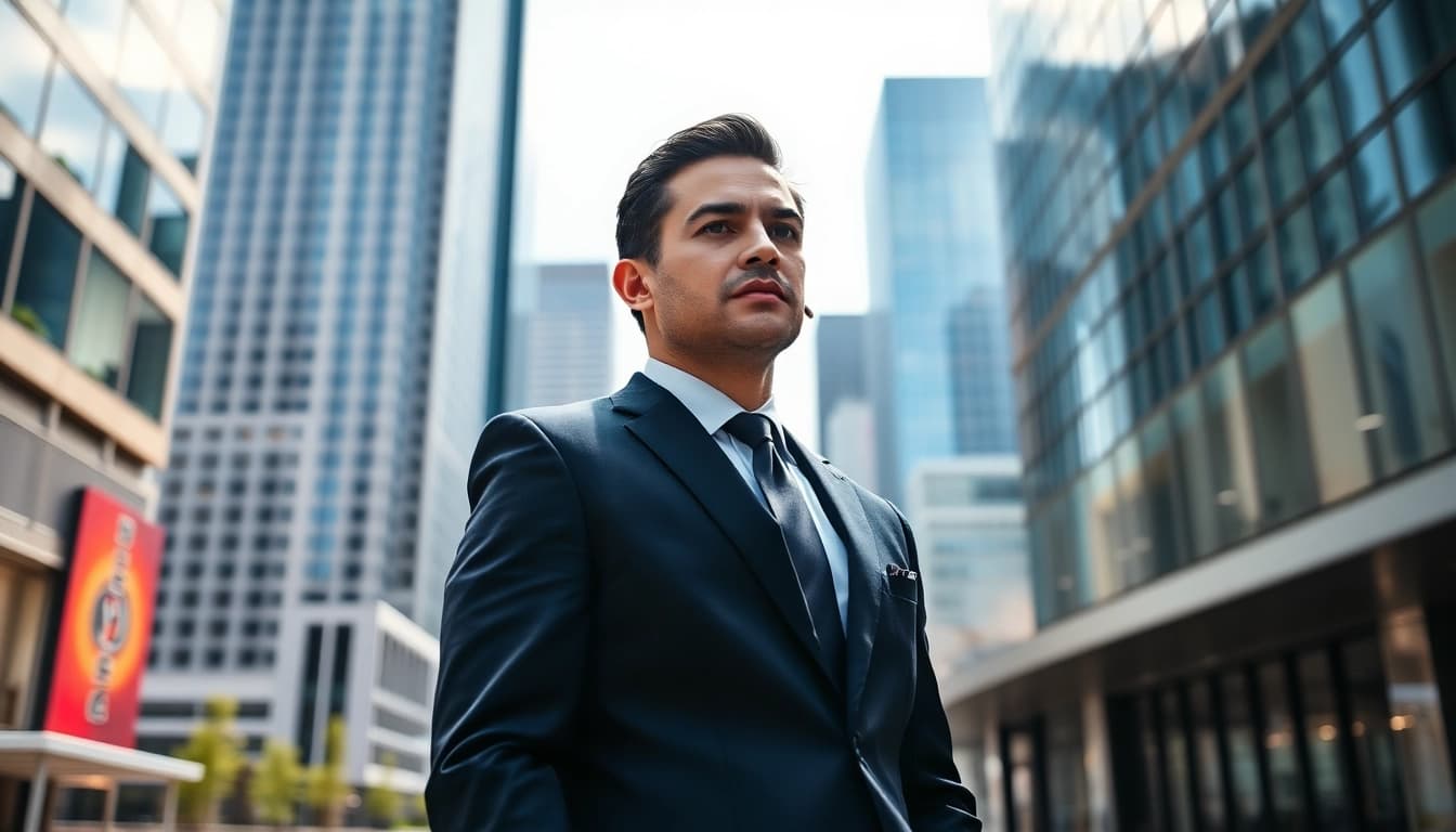 Private security bodyguard projecting confidence in an urban setting, ensuring safety.