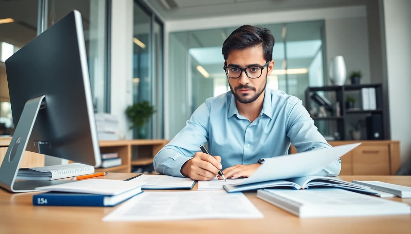Certified translator diligently reviewing documents in a modern office setting.