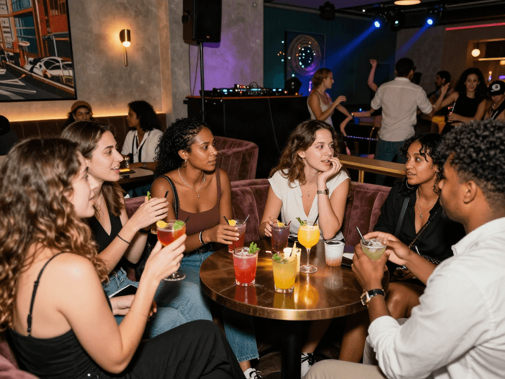 NSFW urban nightlife scene with friends enjoying cocktails in a lively lounge atmosphere.