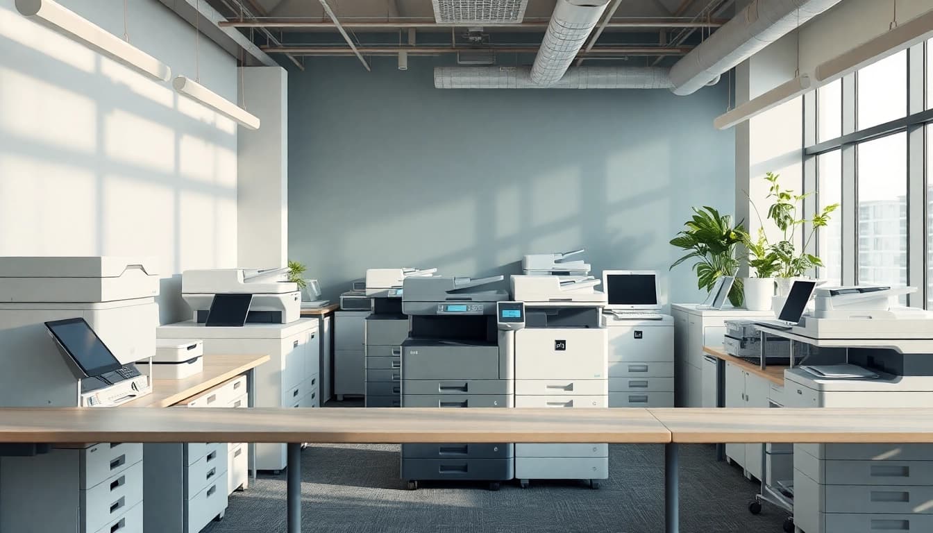 Showcase of office machines like printers and copiers enhancing workspace efficiency.