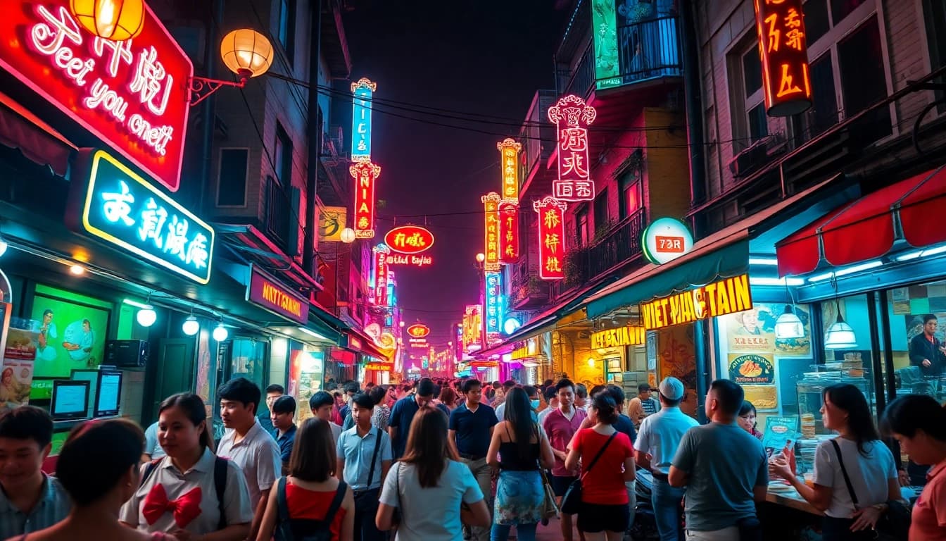 Experience 베트남밤문화 through this vibrant street scene highlighting nightlife and cultural interactions.
