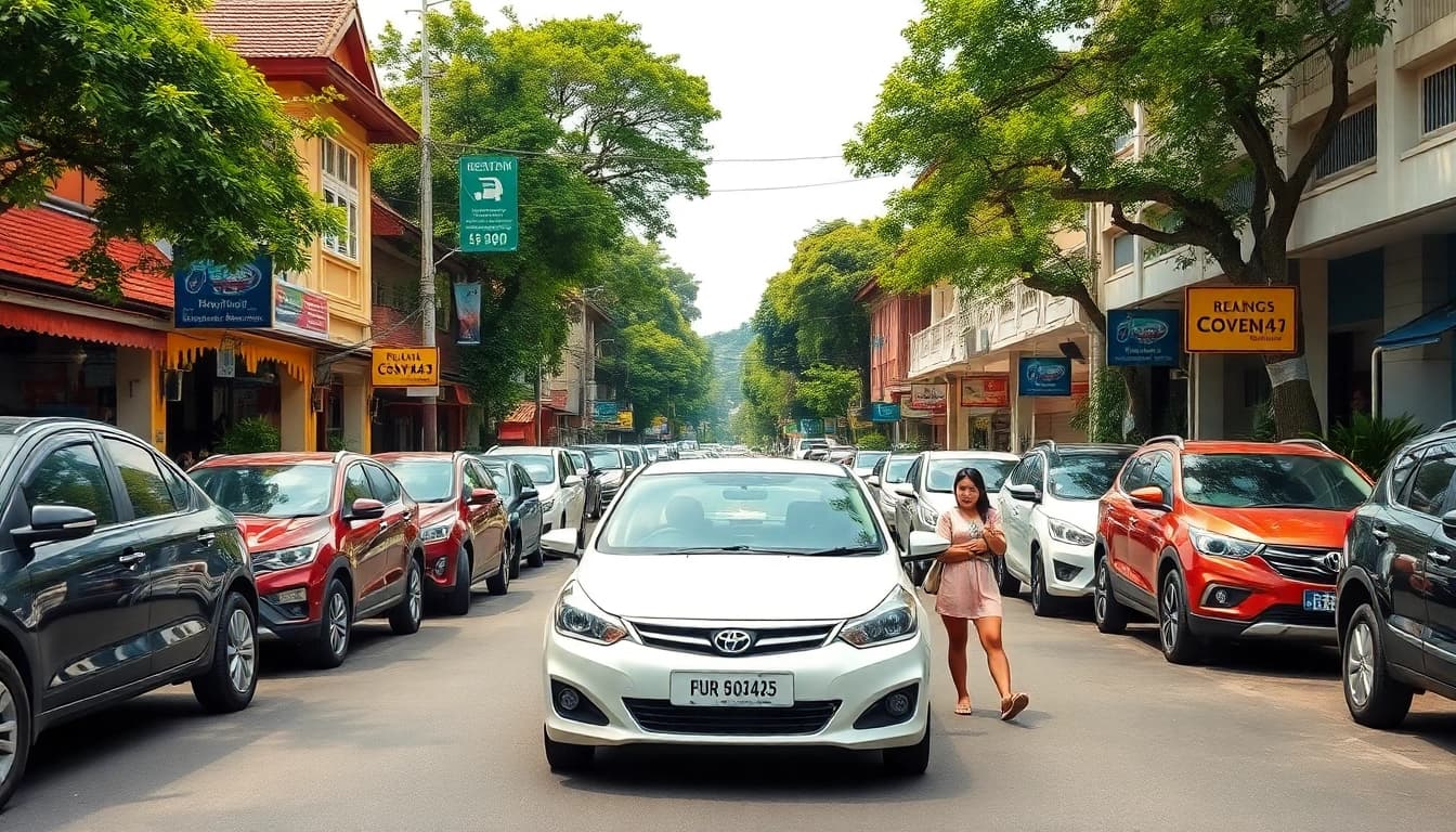 Car hire in Kuching scene with rental cars and lush greenery