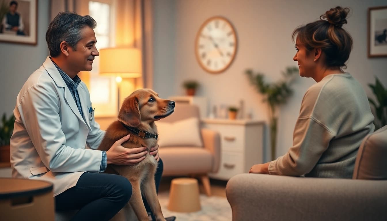 Engaging depression treatment session featuring a psychologist and therapy dog in a warm environment.