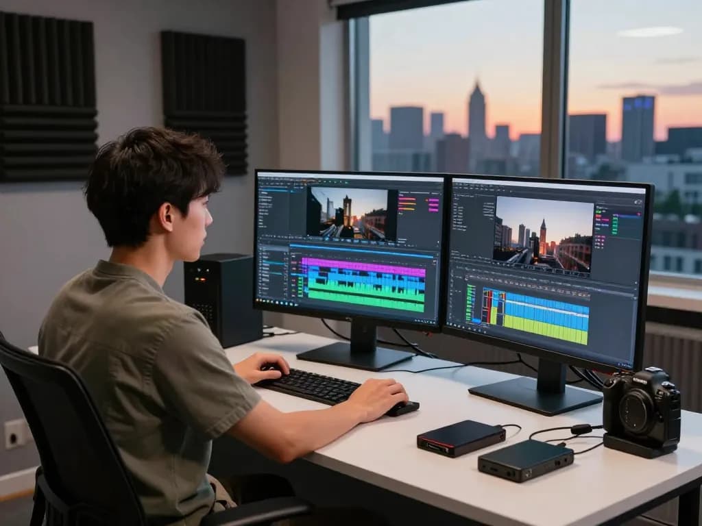 Editor using video to prompt technology in a modern studio with screens showing editing timelines and video assets.