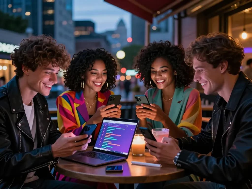 Engaging urban nightlife with diverse individuals exploring innovative ai nsfw chat on their smartphones.