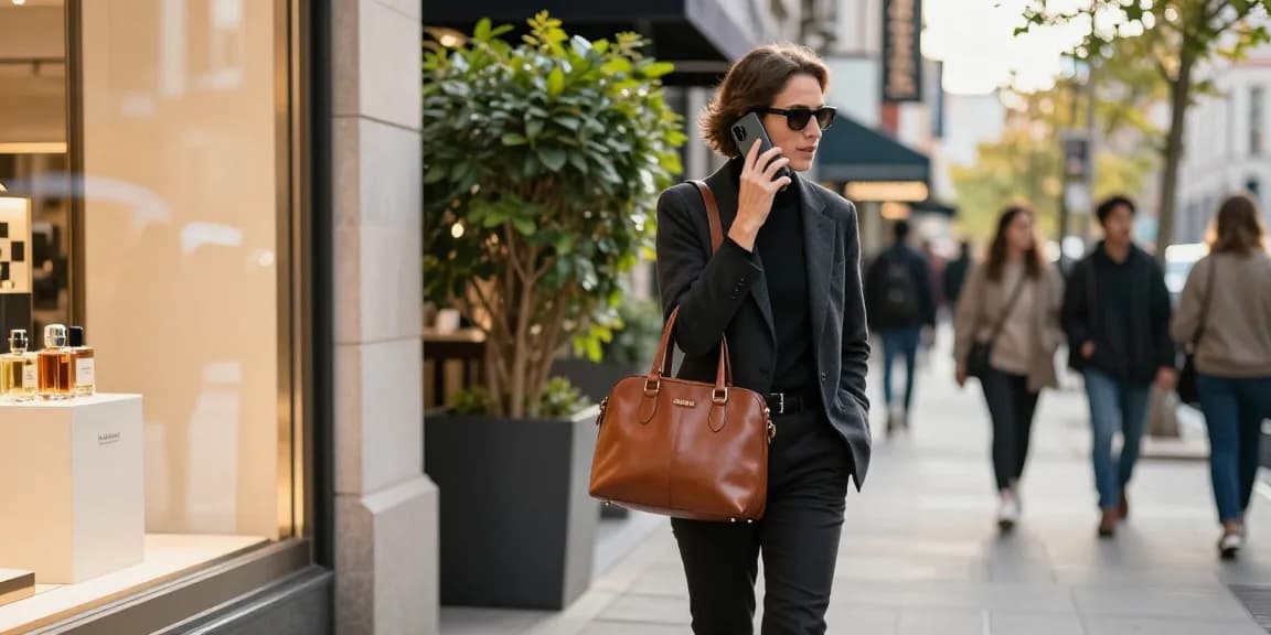 Stylish urban scene with an individual walking confidently, showcasing a Razafeti leather bag amidst a vibrant city backdrop.