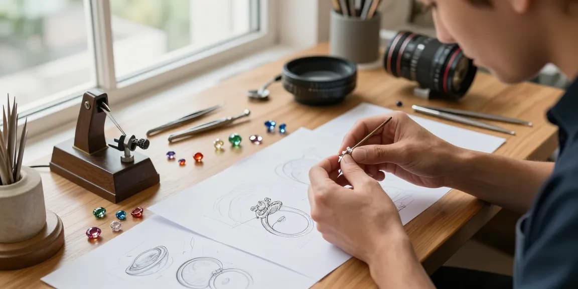 Custom engagement ring uk design in a bright jewelry studio, showcasing craftsmanship and creativity.