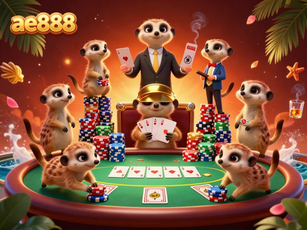 Experience the thrill of ae888 with a dynamic meerkat casino operation illustrating poker excitement.