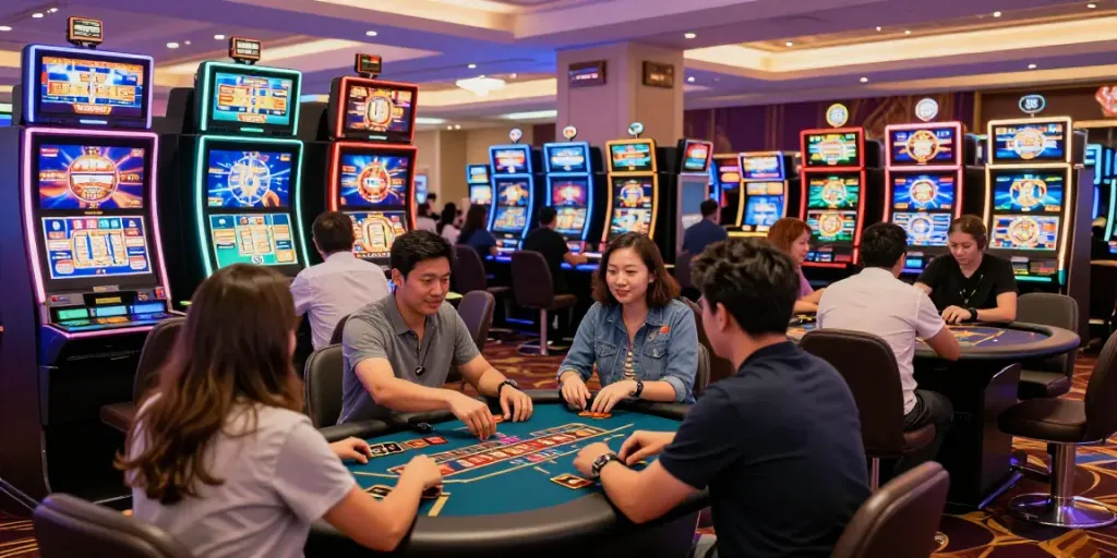 Exciting credit card casinos scene showcasing players engaged at gaming tables and vibrant slot machines.