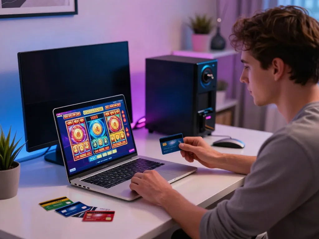 Player enjoying online gaming at home with casinos that accept credit card options.