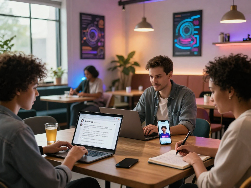 Engaging scene of diverse individuals using porn AI chat in a vibrant tech lounge.