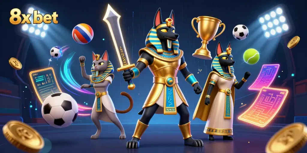 Engage with the 8x bet experience featuring Anubis and Bastet in a vibrant 3D casino scene.