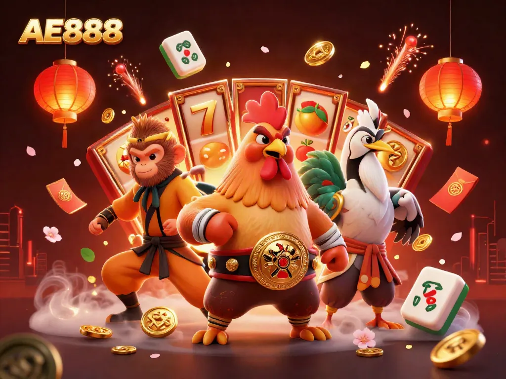 Experience thrilling gameplay at AE888 with vibrant characters and casino themes in this lively illustration.