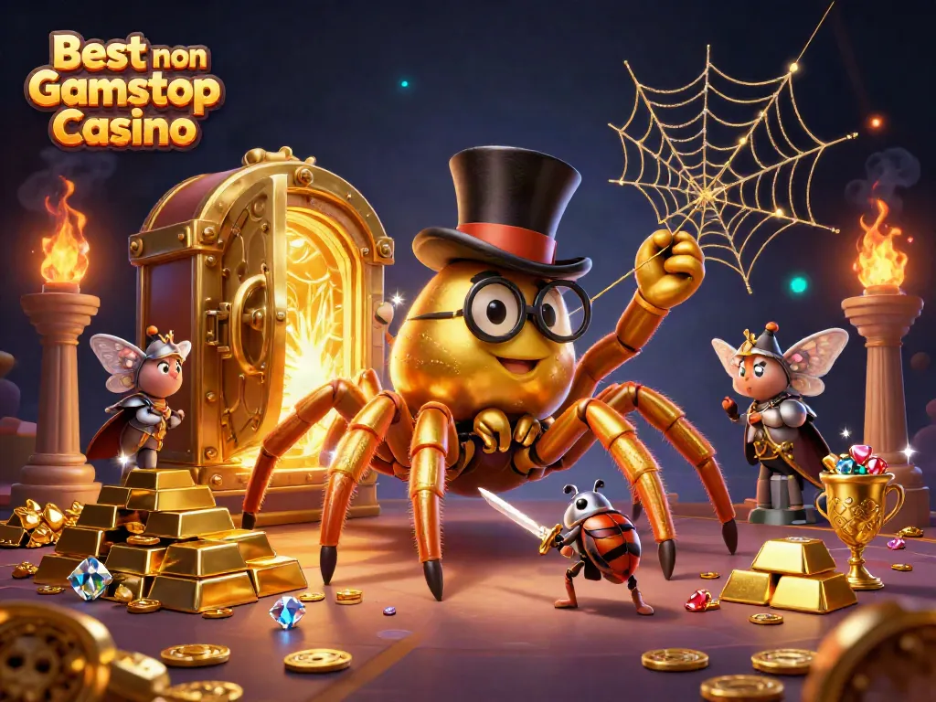 The scene showcases the Best non Gamstop Casino with a golden tarantula, a beetle knight, and moth spectators, surrounded by treasure.
