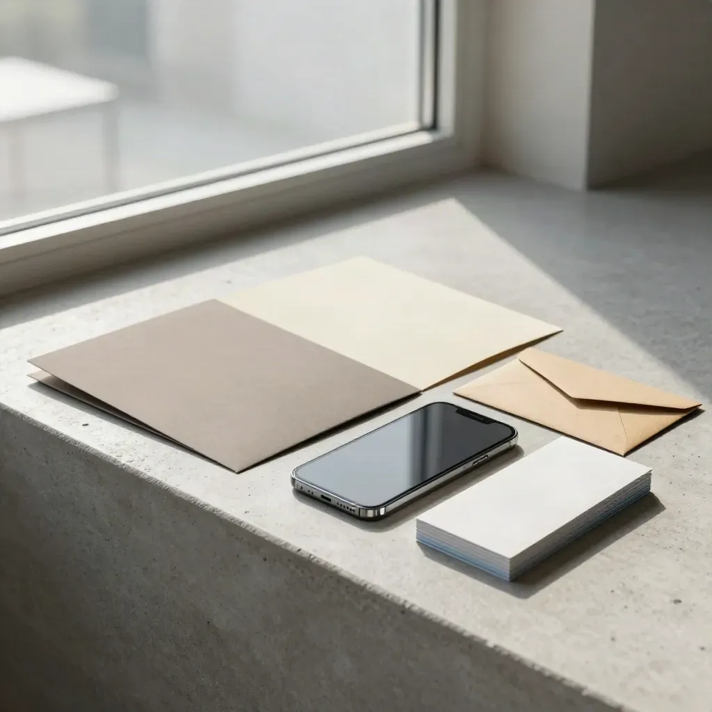 Lead-gen folders, phone slab and envelope on a bright concrete ledge by a hazy window