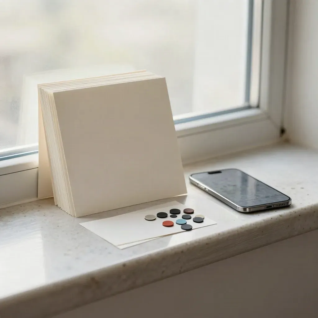 Blank social cards, phone slab and colour chips on a pewter ledge in soft daylight.