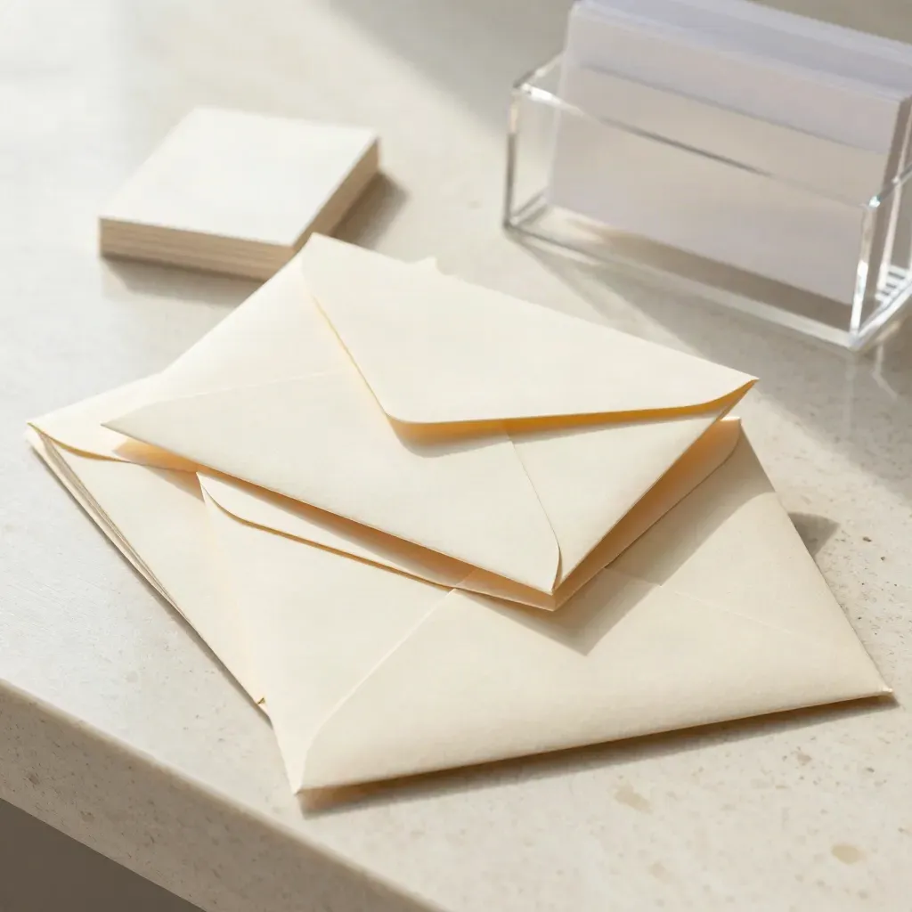 Opened email kit with layered cards and sleeves on pale stone, softly lit.