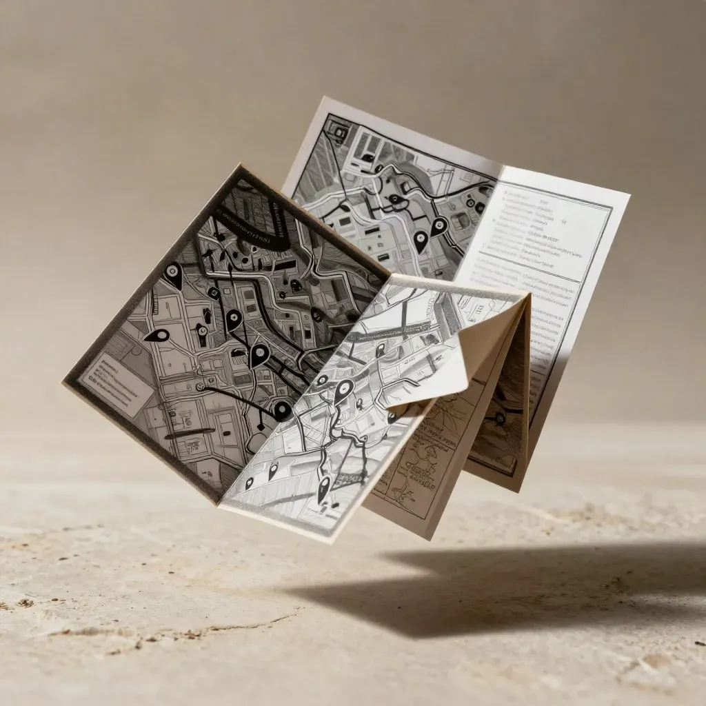 Floating local SEO kit of folded map cards, route sheet and location markers on pale limestone.
