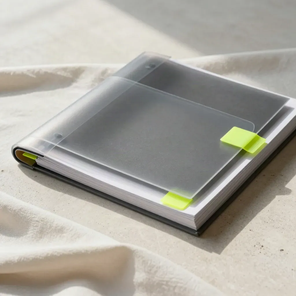Overhead audit folio with acetate dividers half-buried in off-white fabric and lime accents
