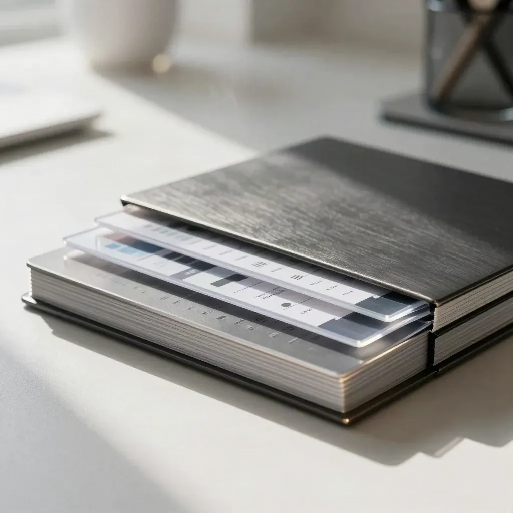 Low-angle analytics report bundle with translucent cards on brushed metal, soft airy daylight.