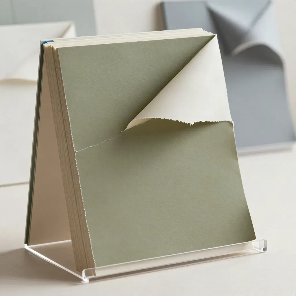 Layered landing-page mockup pack with torn paper, acrylic edge and soft blue accents.
