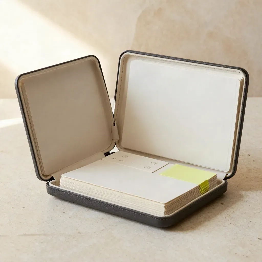Open brand kit case with swatch chips and blank cards on travertine, softly lit studio hero.