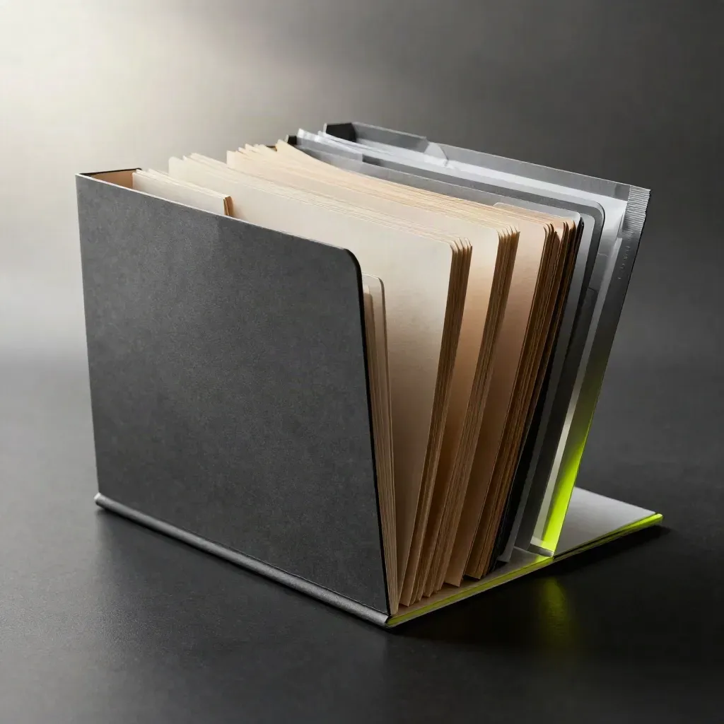 Exploded folders, sleeves, cards and mailers bursting on a dark studio surface.