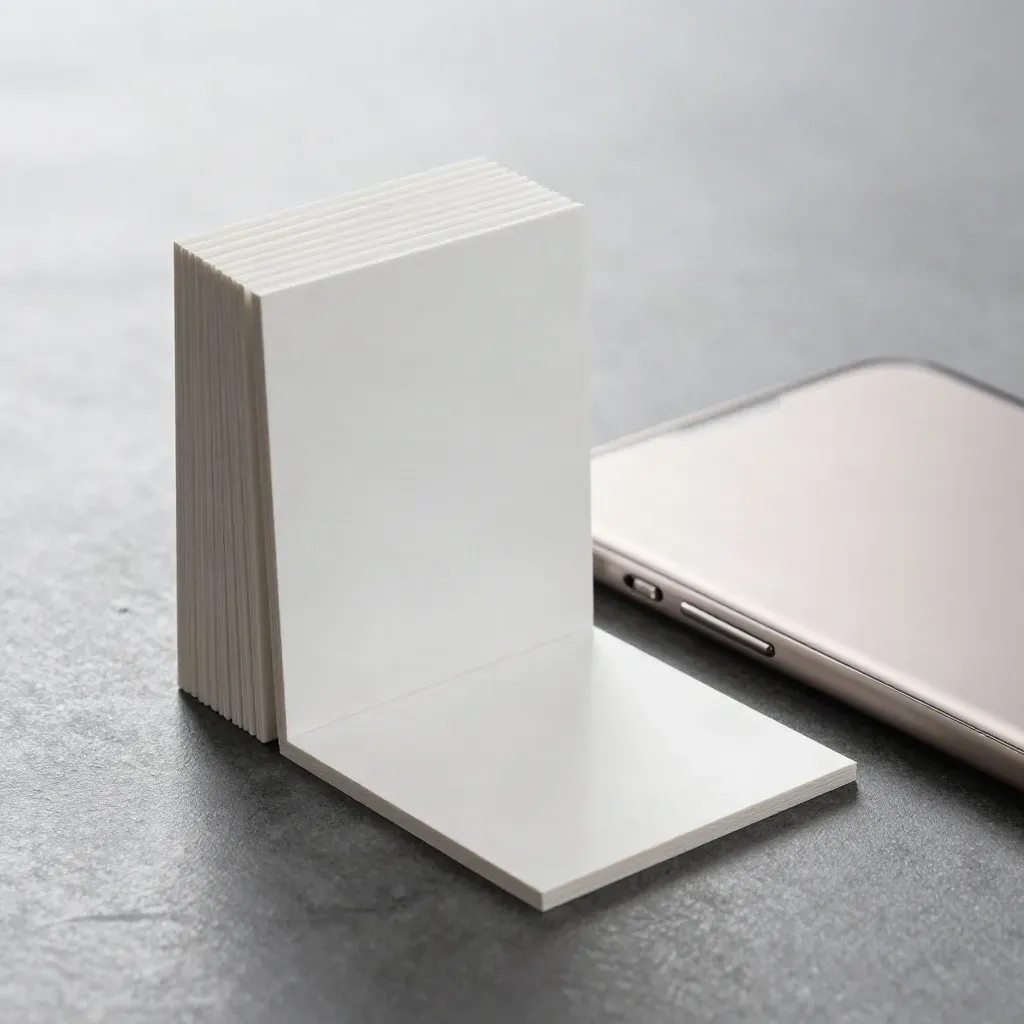 Vertical stack of blank ad cards with metal clip and slim mockup slab on graphite.