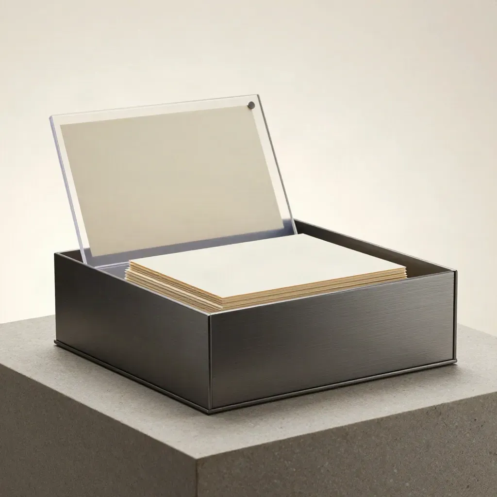 Compact analytics check-in box with clear sleeves and tabbed cards on brushed stone.