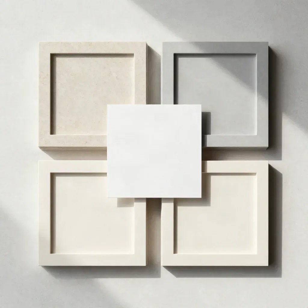 Overhead flatlay of square mounts, cut-out frames and blank cards on pale concrete.