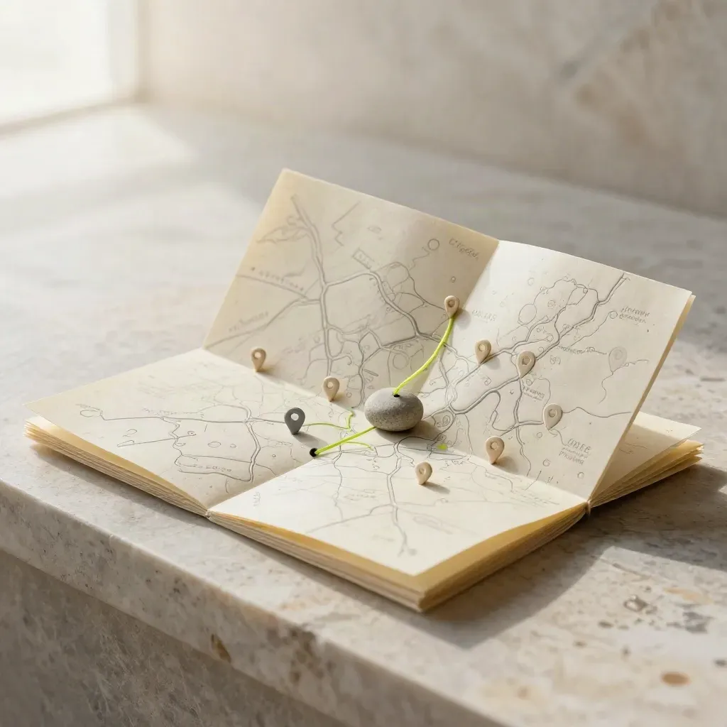 Macro of folded map paper with route lines, pins and a stone weight on a pale stone sill.