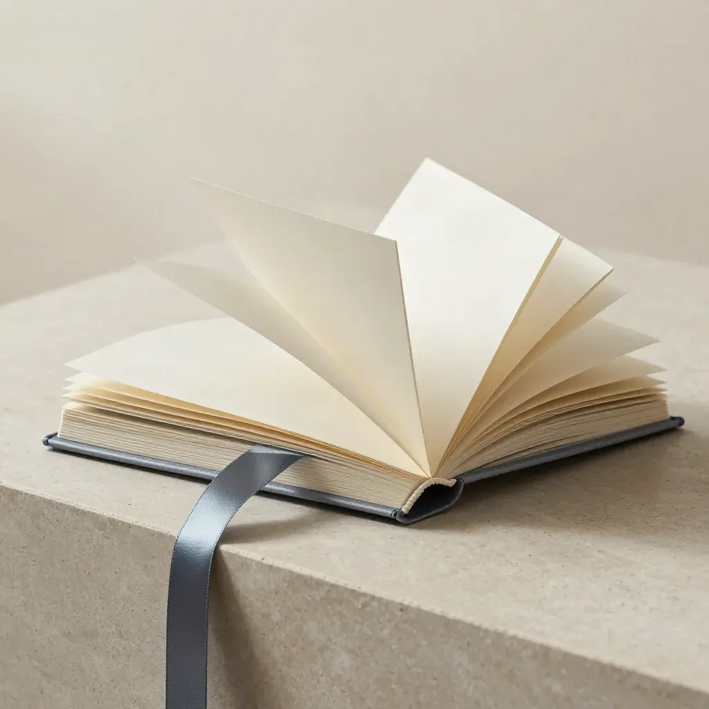 Overhead hero of a loosened growth folio with layered inserts on a pale limestone plinth