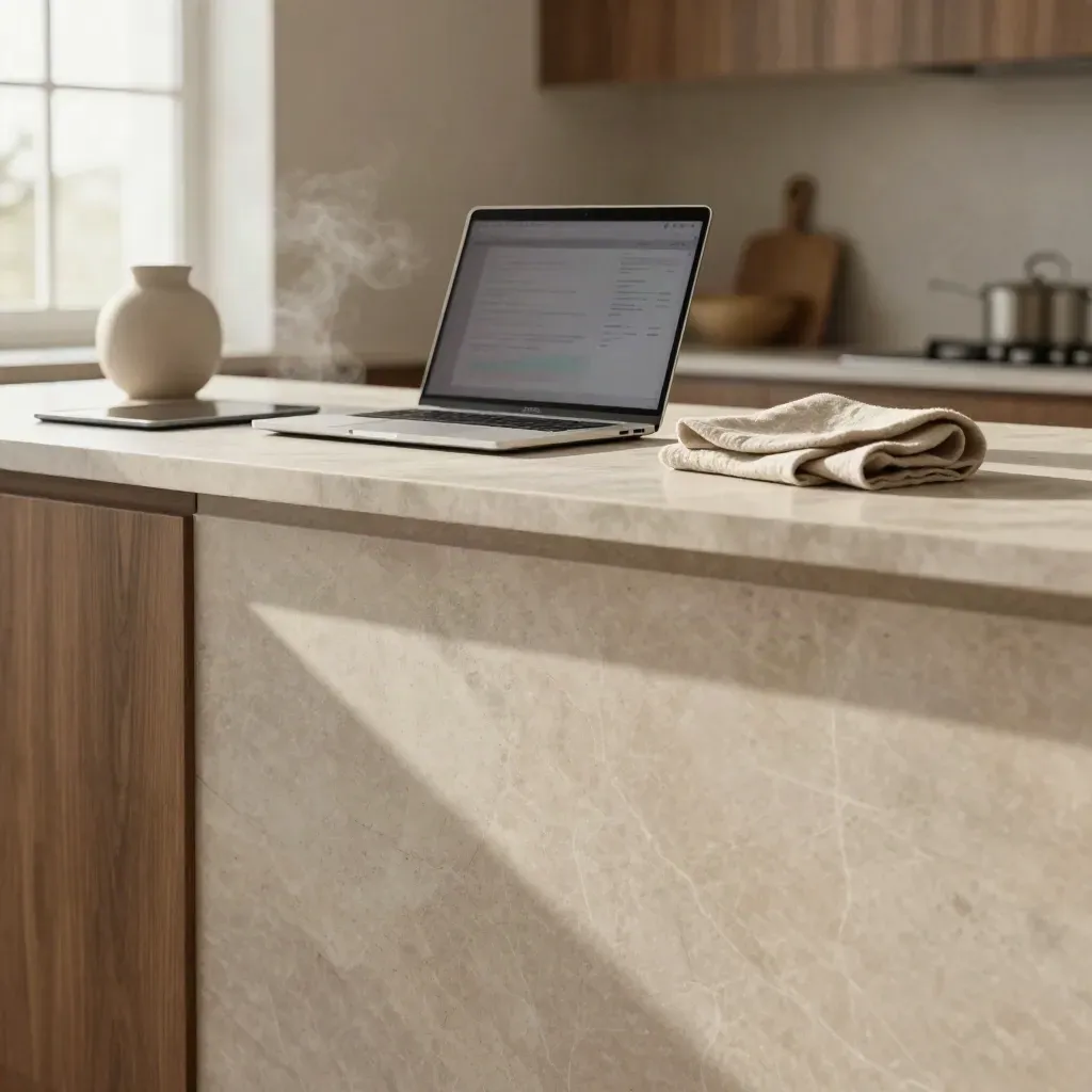 Marble worktop with linen, ceramic vessel and a blurred laptop in soft morning light.